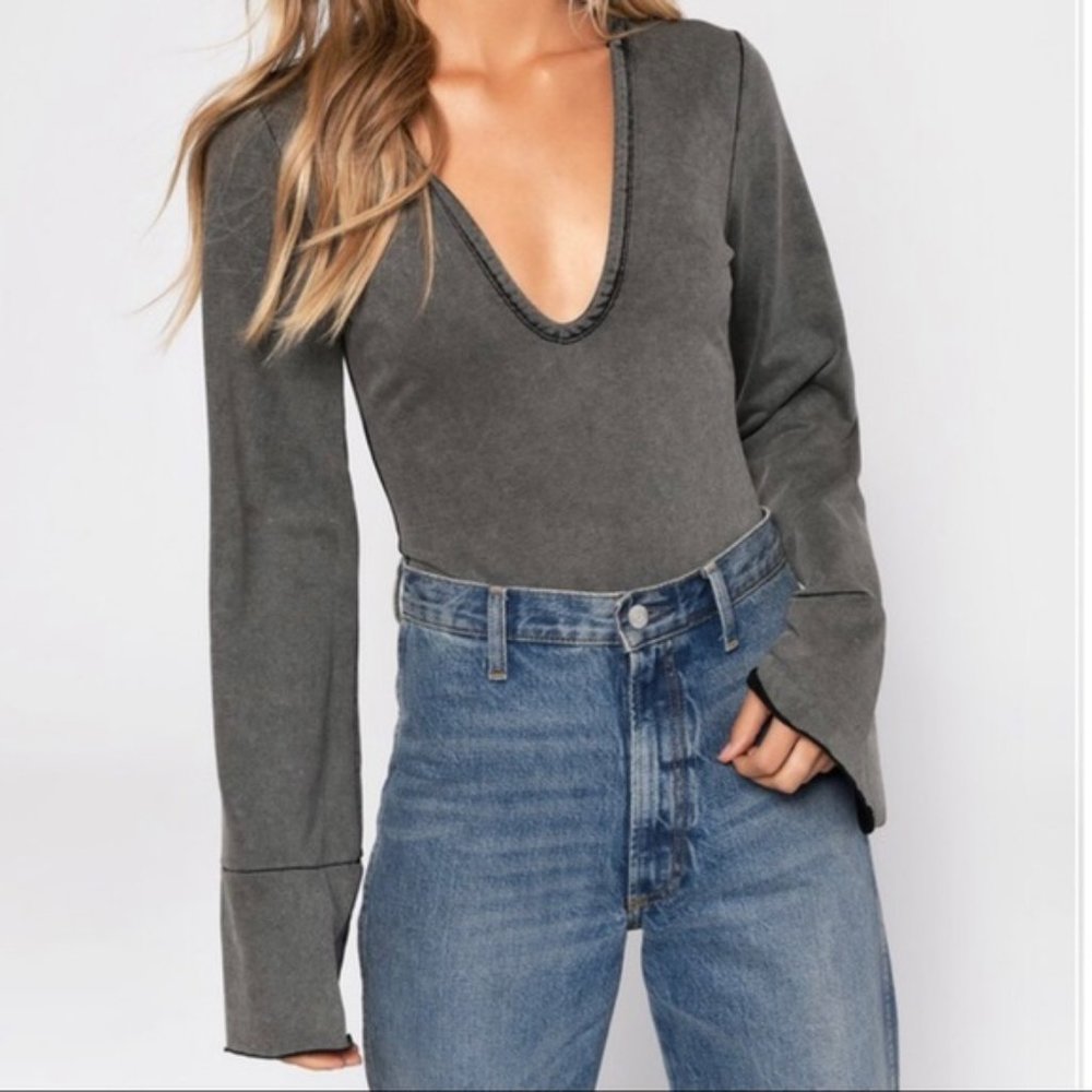 Tobi Ashlyn Black Acid Hooded Bodysuit Bell Sleeve